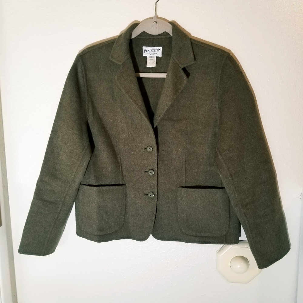 Pendleton Merino Wool Blazer Womens Size Medium Petite Moss Green Pockets